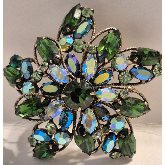 Large Emerald Green Signed Regency Brooch Uranium Glow - Picture 15 of 16